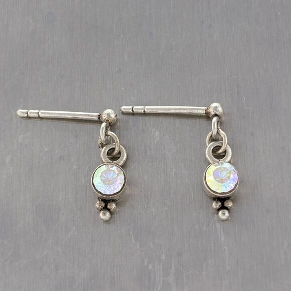 Vintage Sterling Silver 925 Caviar Accent Iridescent Crystal Dangle Earrings - Picture 3 of 5